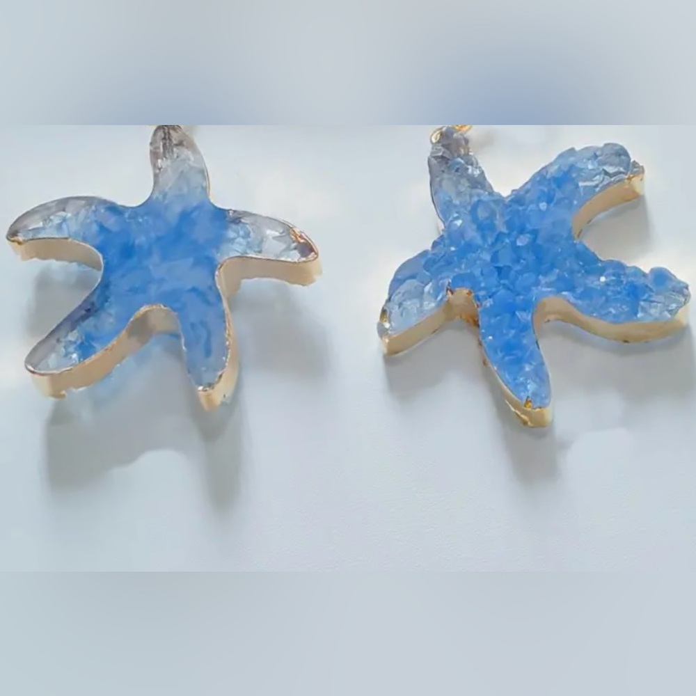 “Blue Druzy Starfish” Gold Dipped Geode Ocean Sea Marine Tropical Steel Earrings - Picture 11 of 11